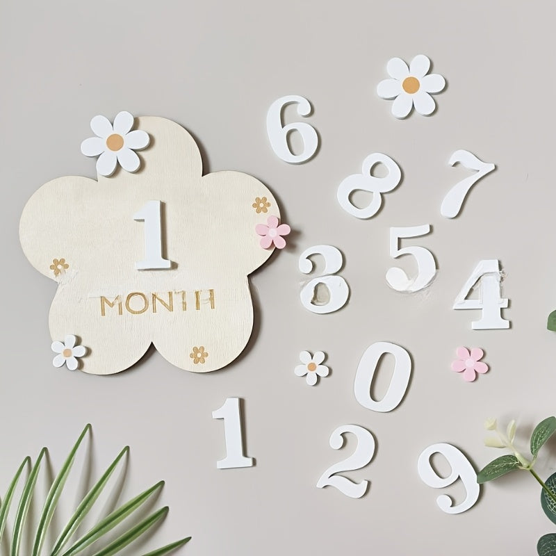 Набор карточек для ежемесячных вех "Деревянная ромашка" - Включает 12 сменных дисков для вех для душа, фотографий и подарков (белый)