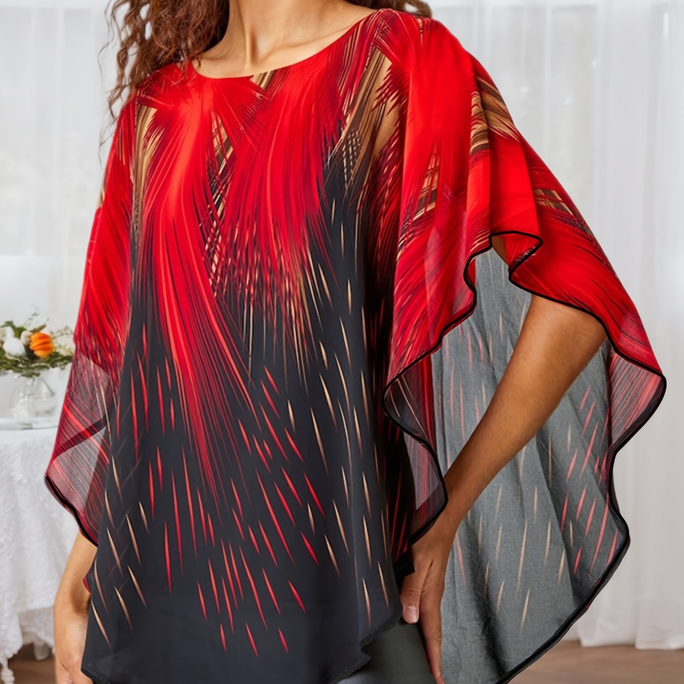 Plus Size Women's Mesh Panel Faux Two-Piece Top Black Turquoise Flame Print Short Sleeve Blouse