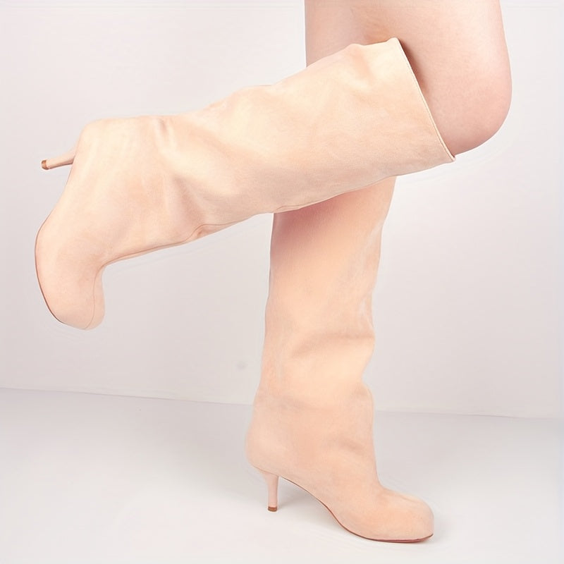 Women Beige Wide Calf Dress Boots Square Toe Slip-On High Heel