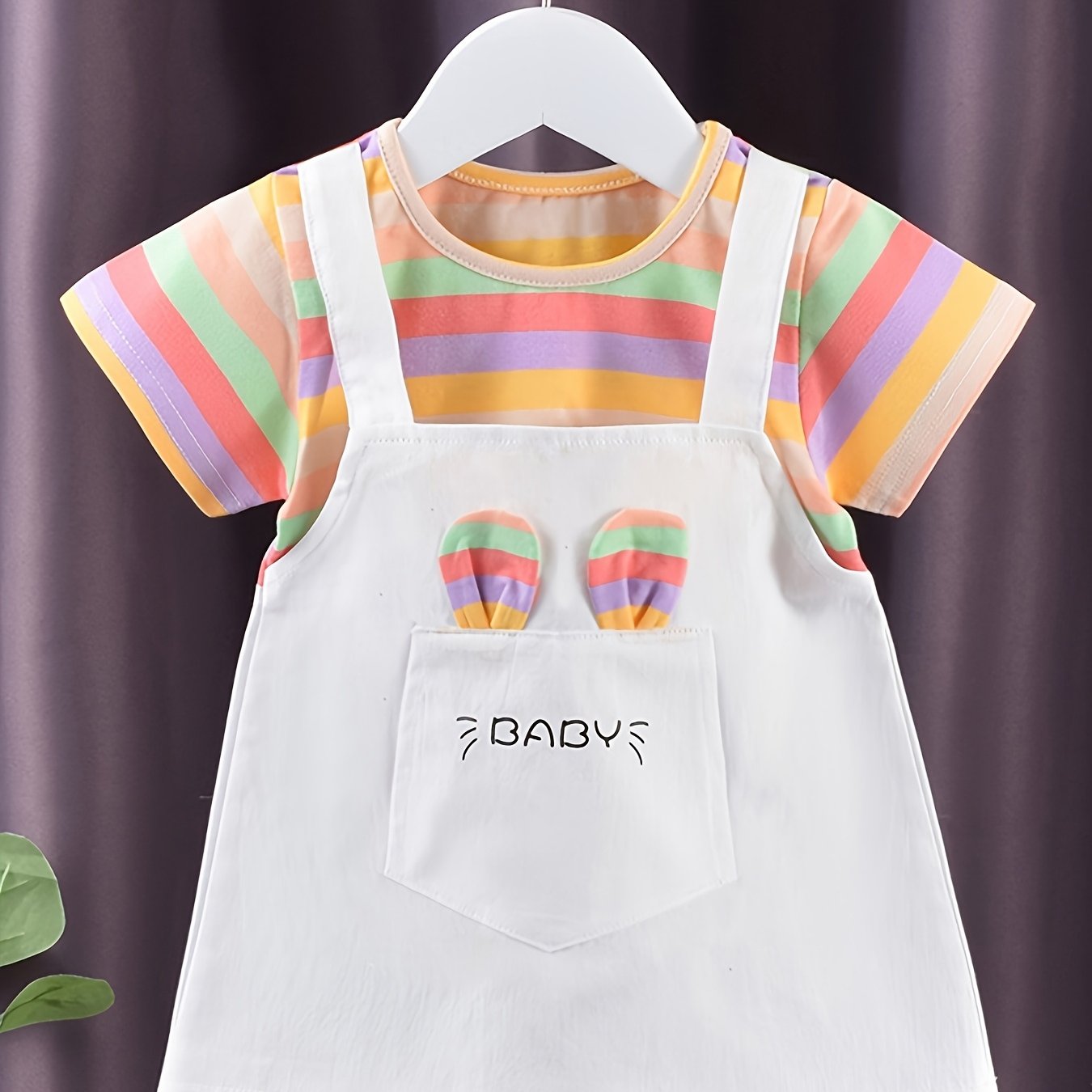 Baby Girl Summer Cotton Dress with Striped Short Sleeves Faux Two-Piece Knit Fabric Regular Fit