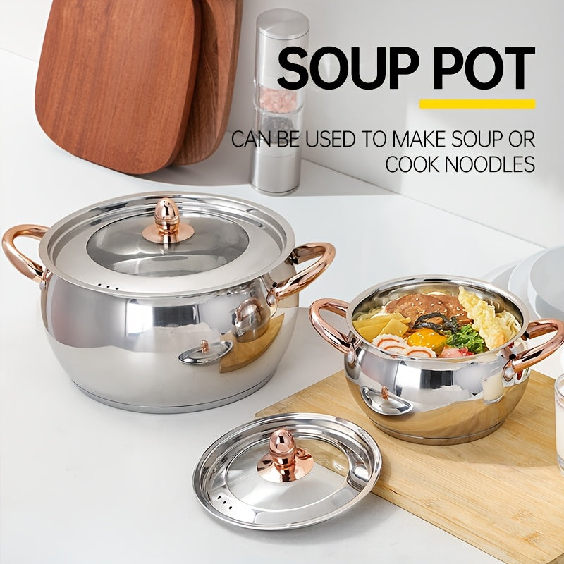 Zanglamaydigan po'latdan yasalgan sho'rva qozonlari to'plami, oltin tutqichlar bilan, qalinlashtirilgan konstruktsiya, olma shaklidagi idishlar