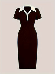 Women's Bodycon Dress with Notched Collar and Color Block Short Sleeves