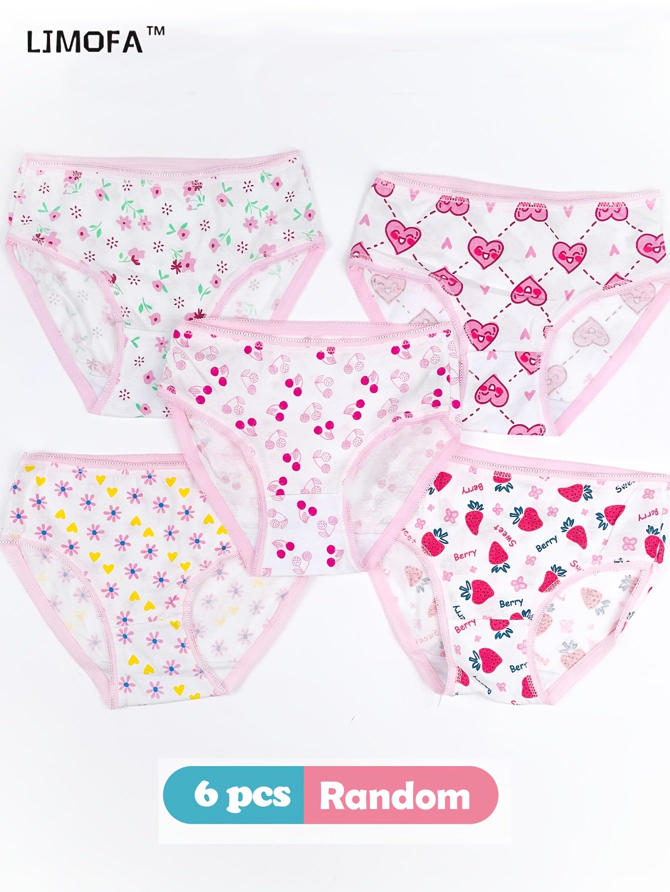 Girls Cotton Panties Set 6 Pairs Floral Love Pattern Breathable Lace Briefs