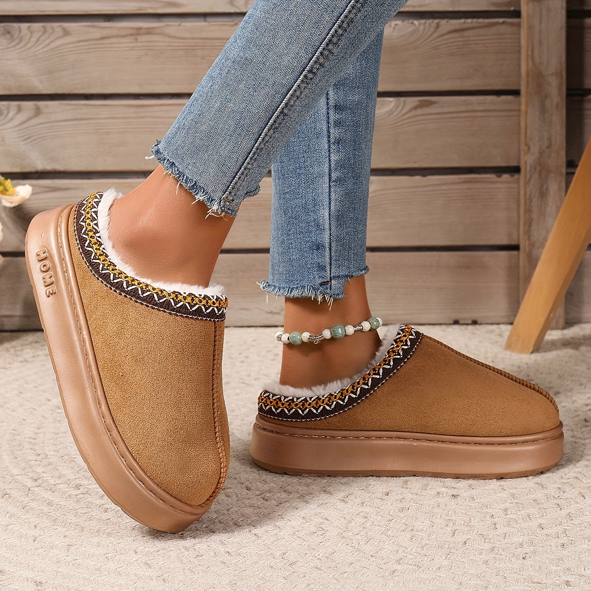 Couple's Cozy Solid Color Slippers Winter Plush Lined Non-Slip EVA Sole