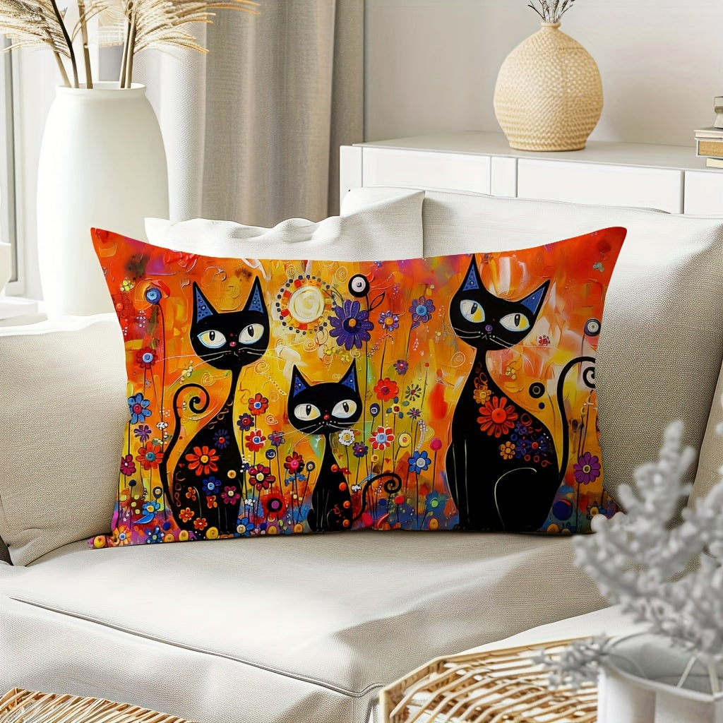 Black Cat Folk Art Throw Pillow Cover Sun Flowers 29.97x50.04cm or 44.96cm Square