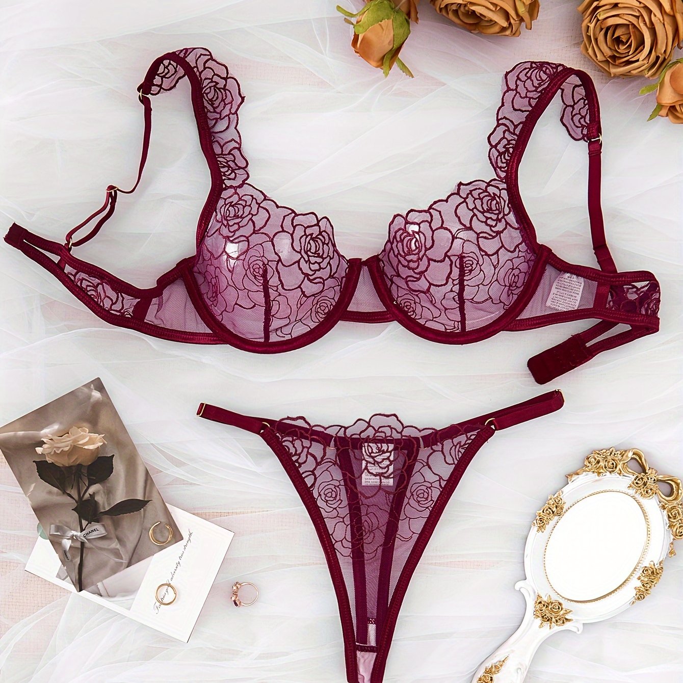Women's Sheer Floral Embroidered Lingerie Set with Breathable Solid Color Bra and Thong
