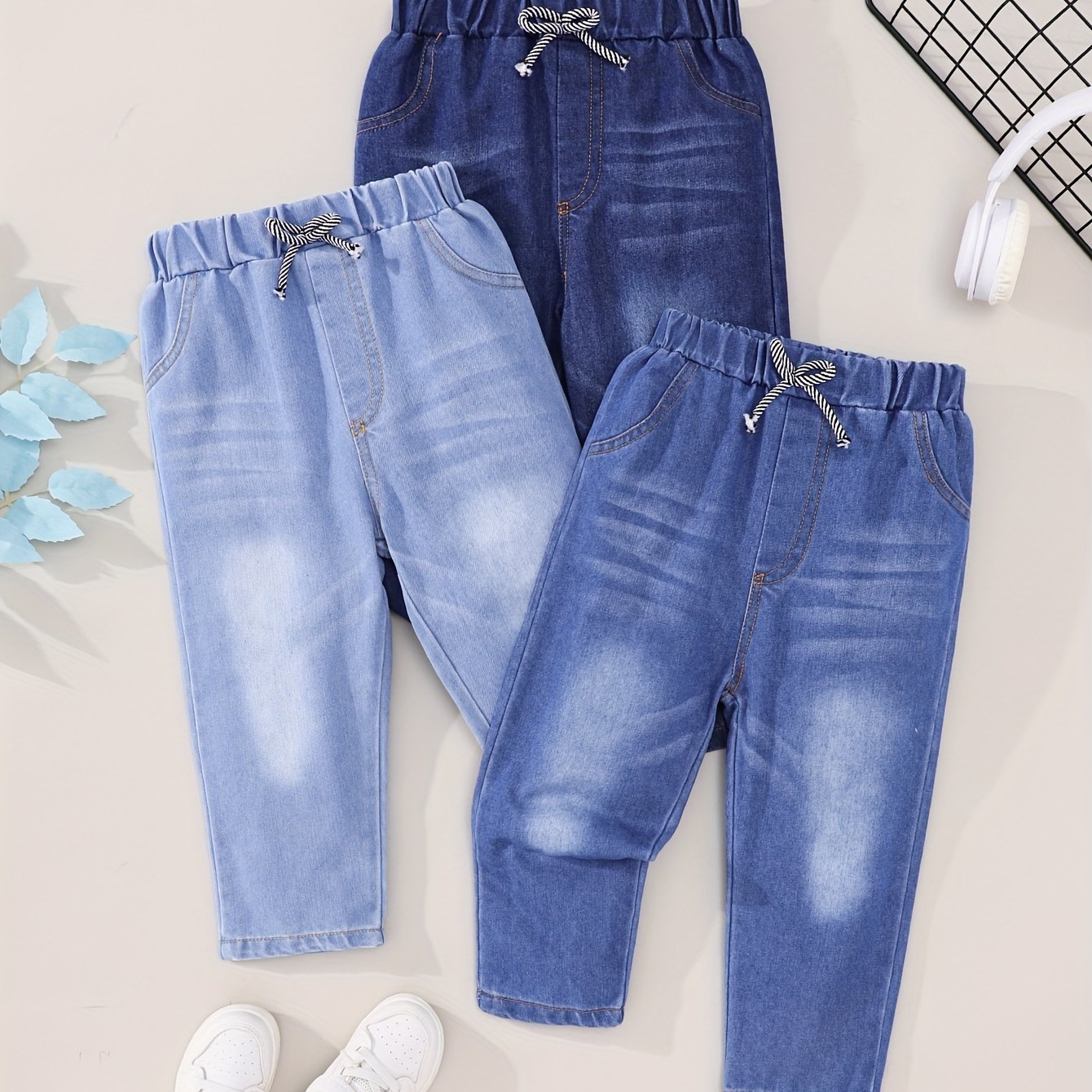 3pcs Boys Denim Pants Kids Casual Vintage Long Length Solid Color Stretch Cotton Polyester Viscose