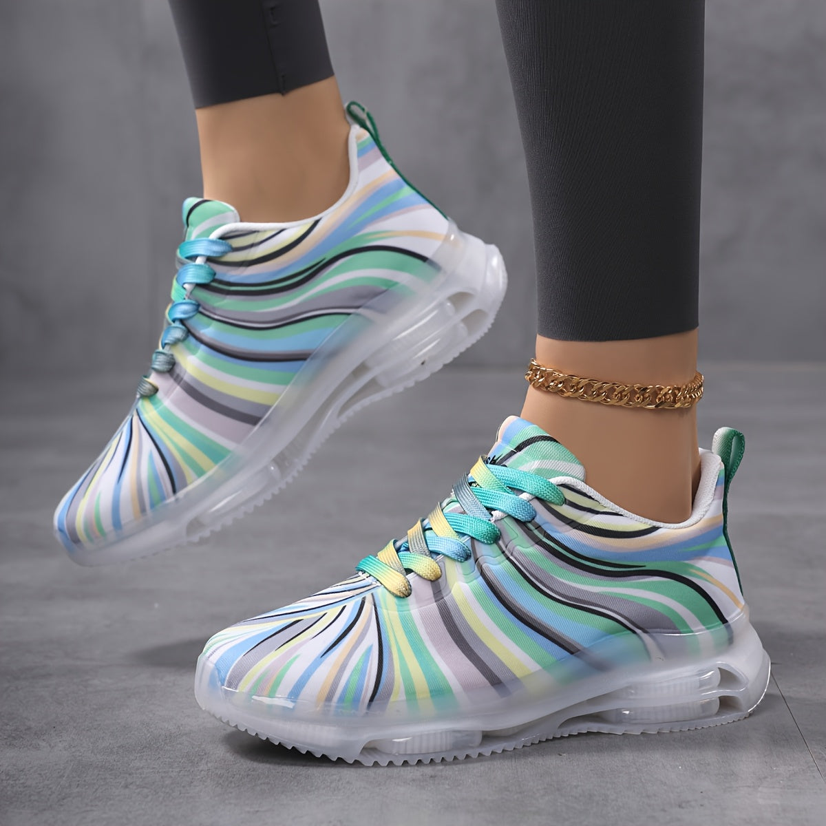 Women’s Rainbow Striped Mesh Sneakers Low-Top Casual Shoes Breathable Flexible