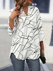 Women's Geometric Print V-Neck Blouse - Short Sleeve Button-Up Top