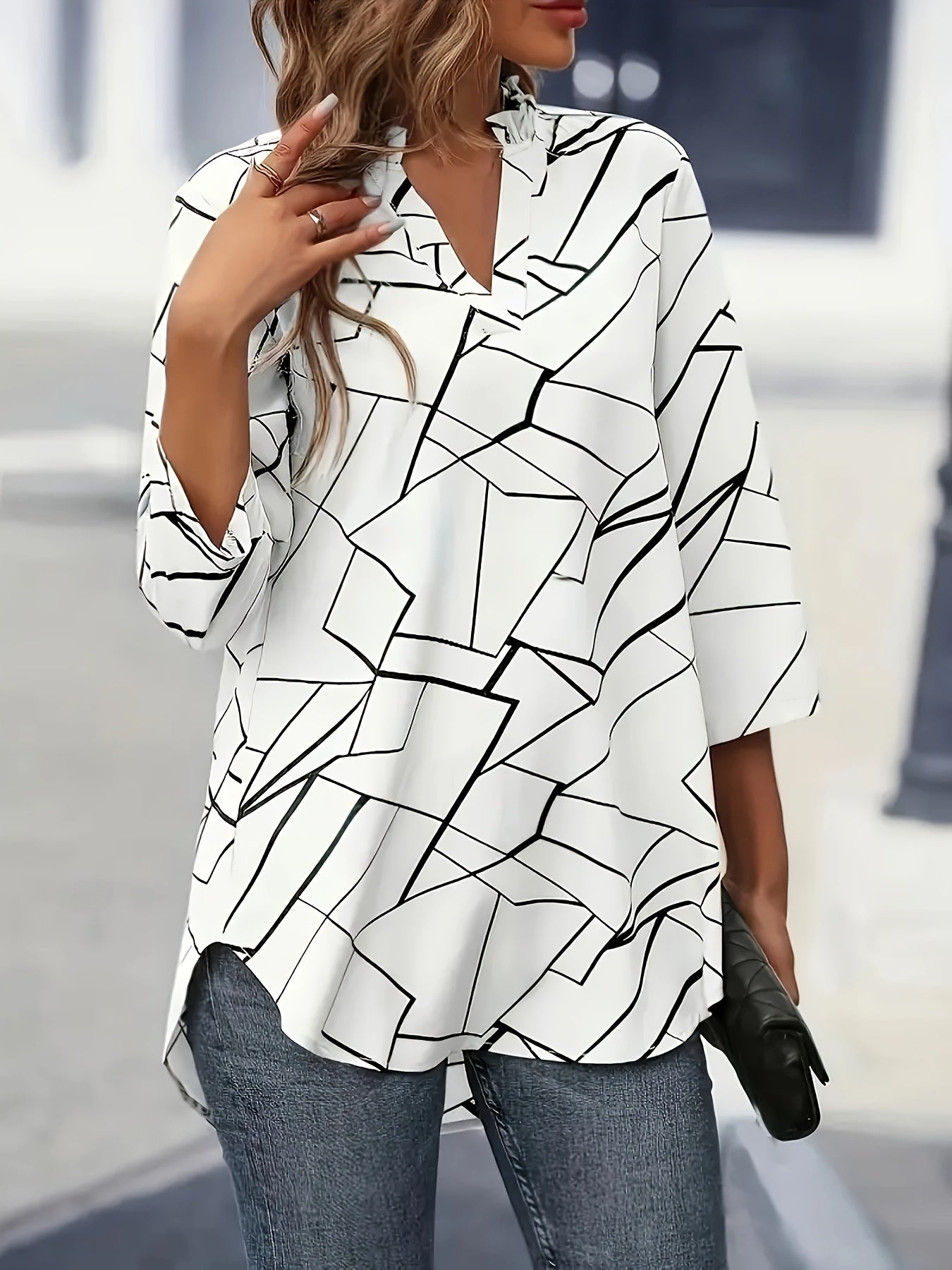 Women's Geometric Print V-Neck Blouse - Short Sleeve Button-Up Top