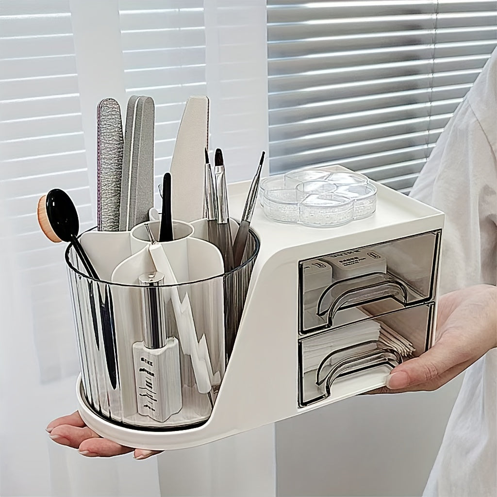 1 dona Ko'p funksiyali aylanuvchi makiyaj tashkilotchisi, 5 ta bo'linma bilan tirnoq san'ati asboblari saqlash, shaffof va oltin aksentlar, oson kirish uchun surish-tortish dizayni, hidlanmaydigan - cho'tkalar, kosmetikalar uchun ideal