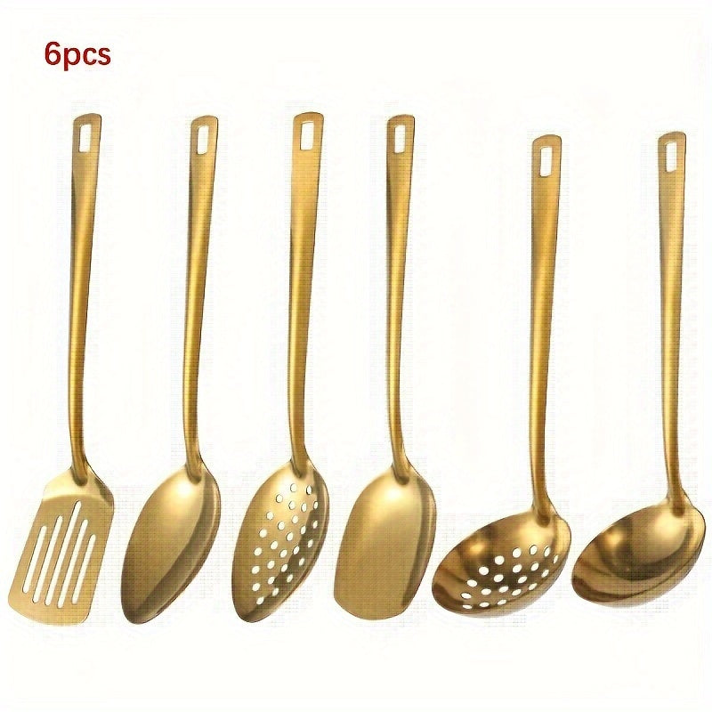 Juego de 6 utensilios de cocina de acero inoxidable en dorado, negro y plateado incluye espátula, cuchara para arroz, colador y cuchara para sopa