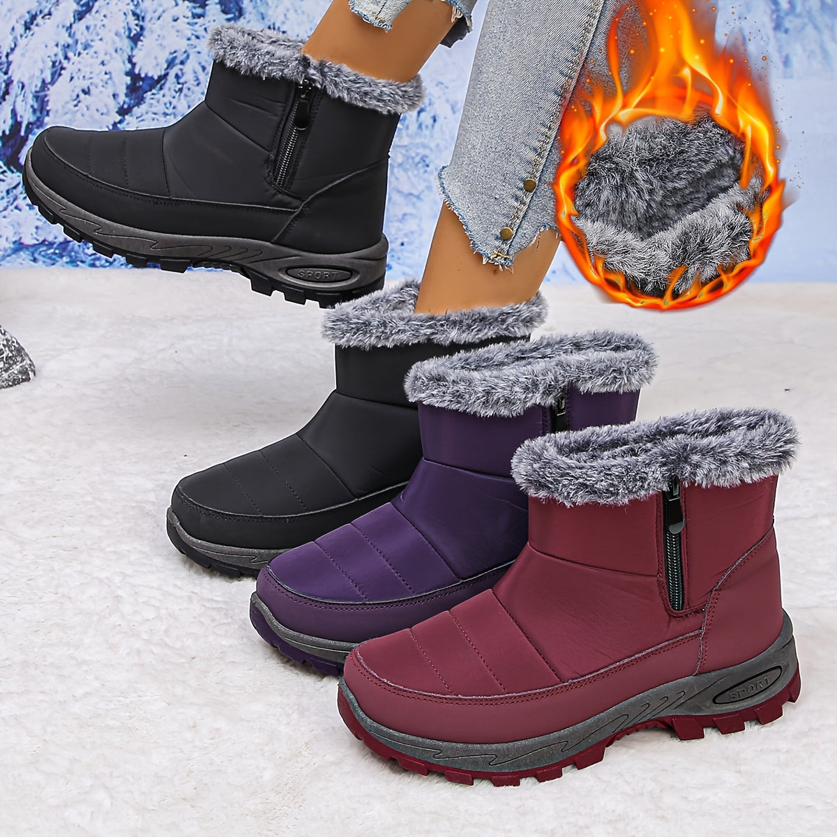 Women's Mid-Calf Plush Lined Boots Black Red Winter Casual Rubber Sole