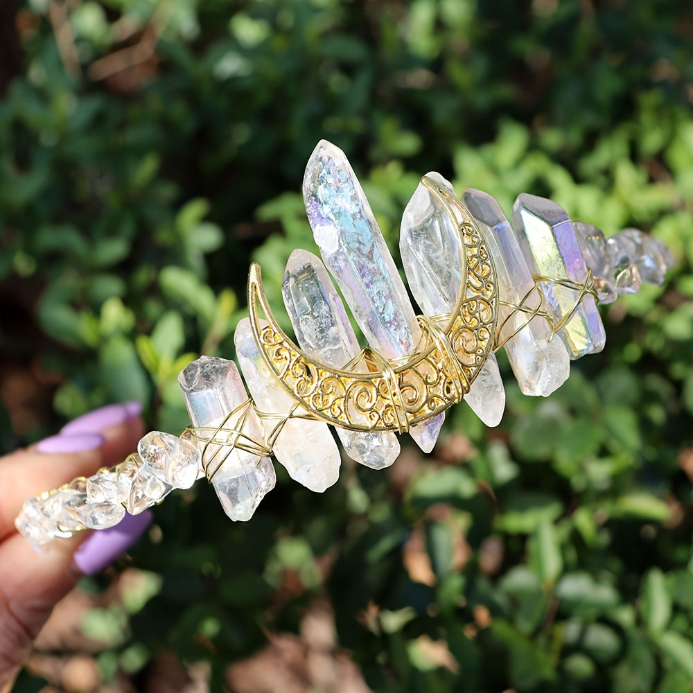 Women's Hair Accessory Headband with Natural Crystal and Moon Tiara Design