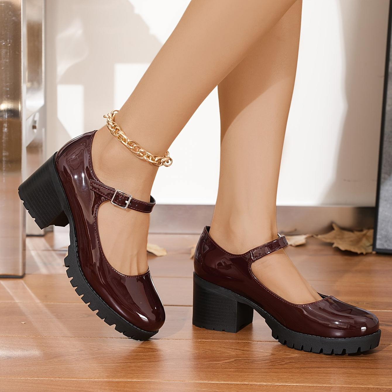 Women's Solid Color Chunky Heels Dress Pumps with Buckle Strap