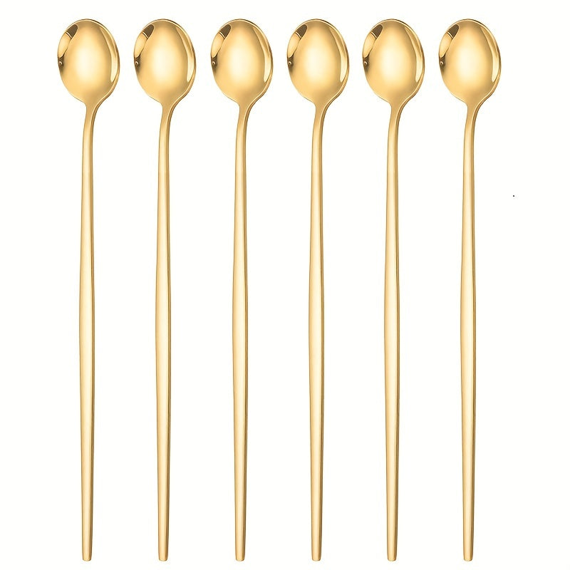 6-Piece Set of Golden Stainless Steel Ice Tea Spoons for Cocktails Coffee and Soda