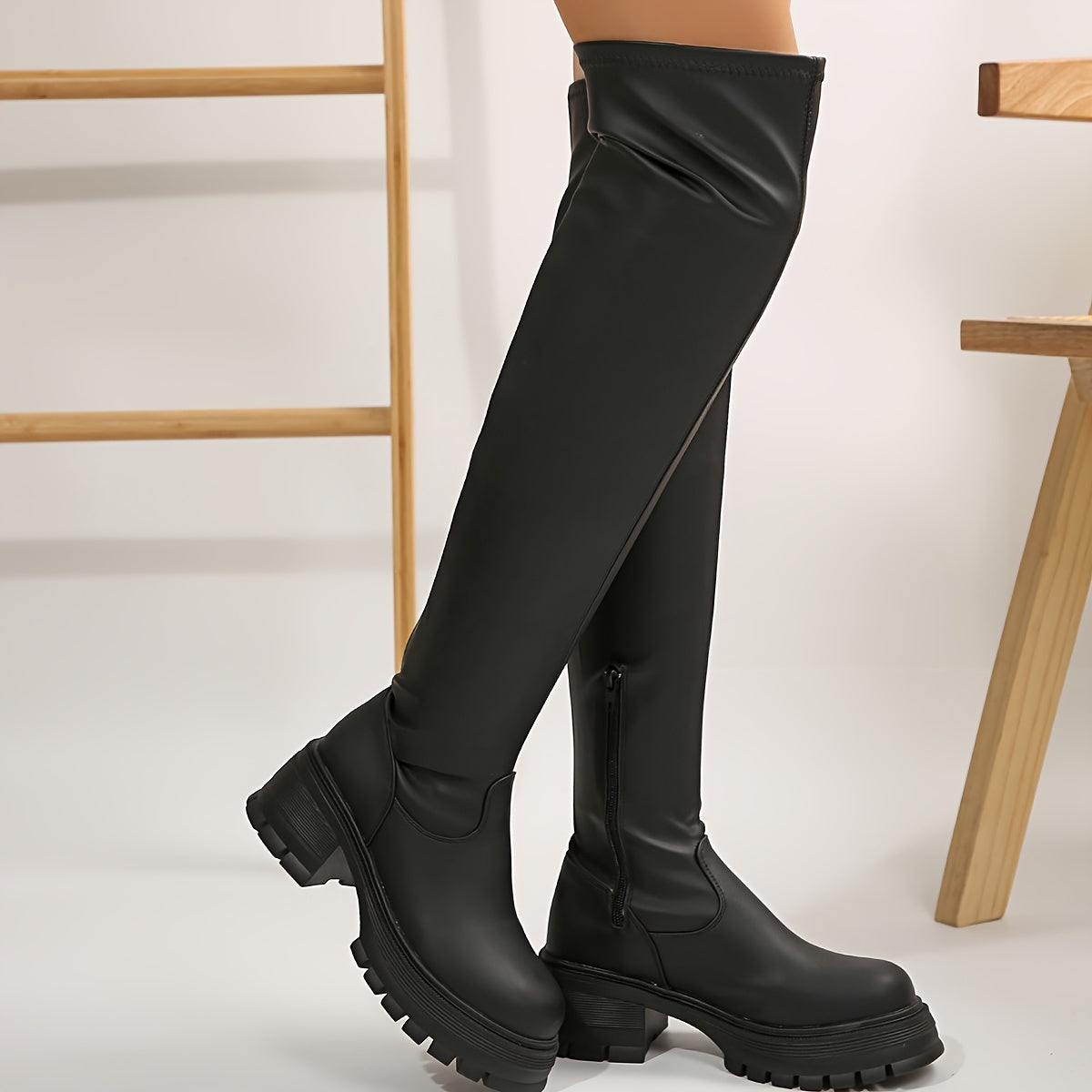 Women's Black Over-the-Knee Boots with Thick Soles, Zipper, Chunky Heel