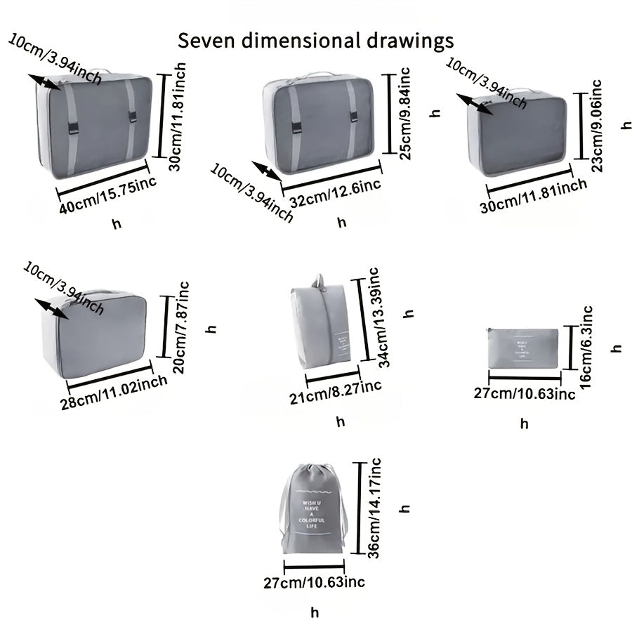 Large Nylon Travel Organizer Set 7 Pieces Beige and Black for Clothing Shoes Socks