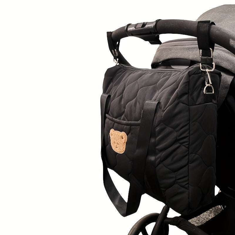 Diaper Bag with Bear Design Stroller-Friendly Travel-Ready Polyester White Black