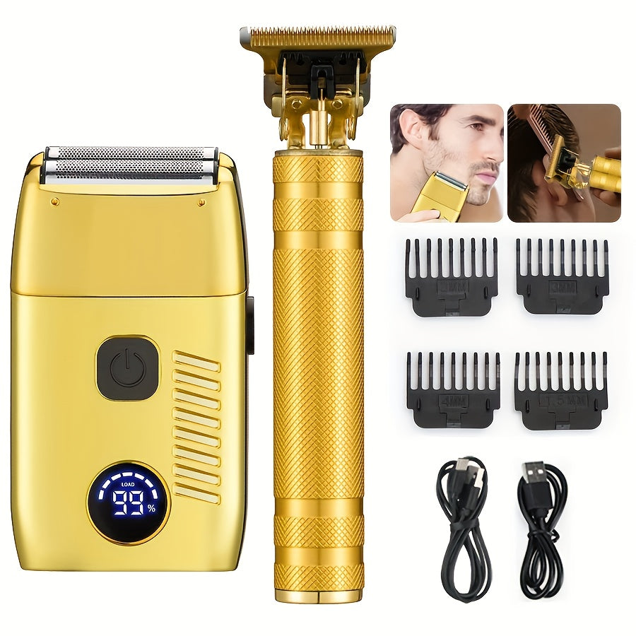 Set de afeitadora eléctrica y recortadora de barba, recargable por USB, cuchillas de acero inoxidable, pantalla digital, afeitadora de lámina