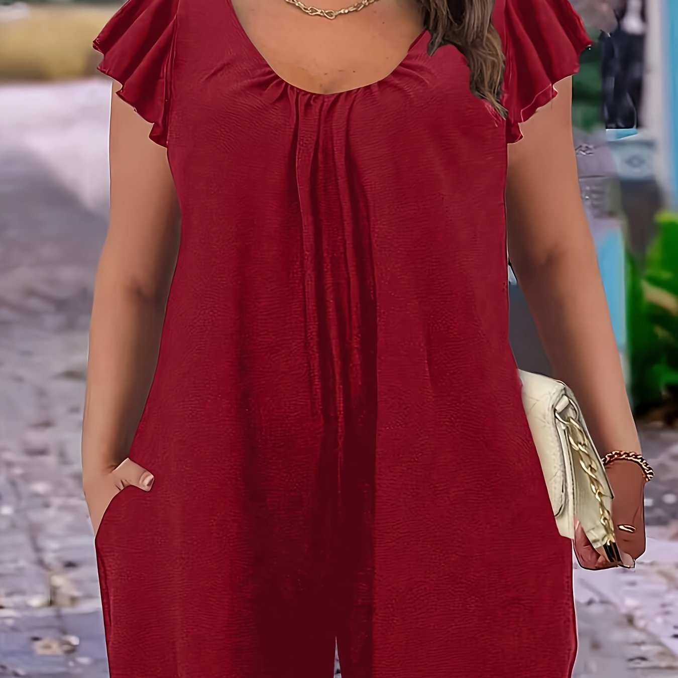 Plus Size Women's Off-Shoulder Jumpsuit with Pockets Black Polyester