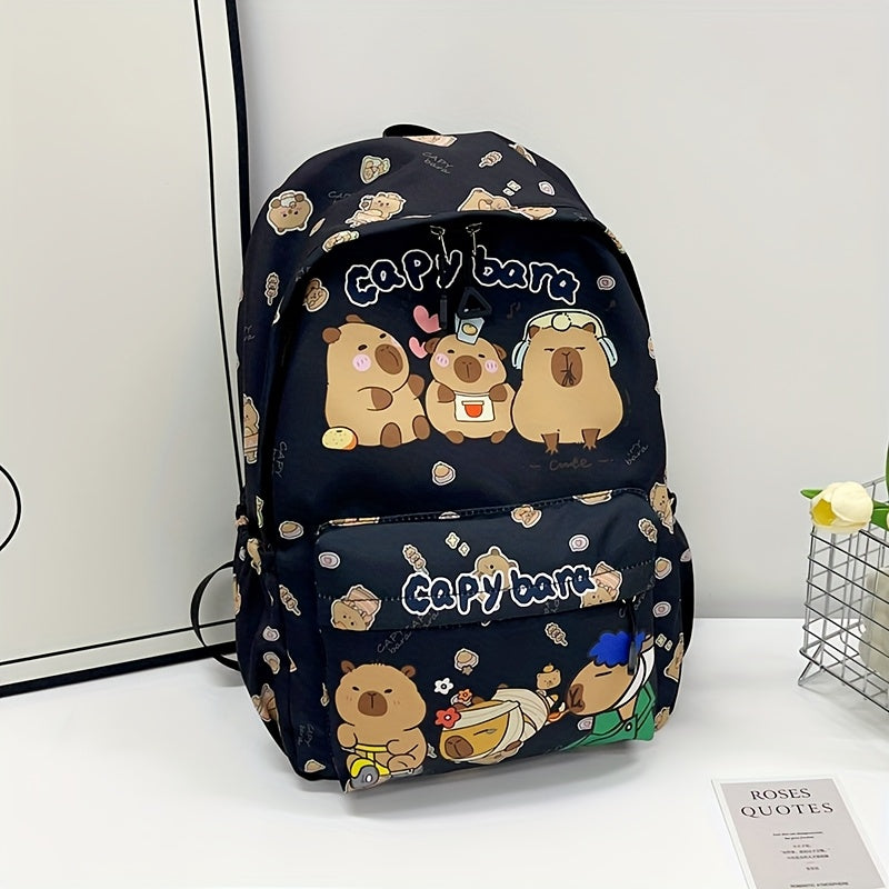 Cute Capybara Pattern Backpack Large Capacity Nylon School Bag with Adjustable Straps