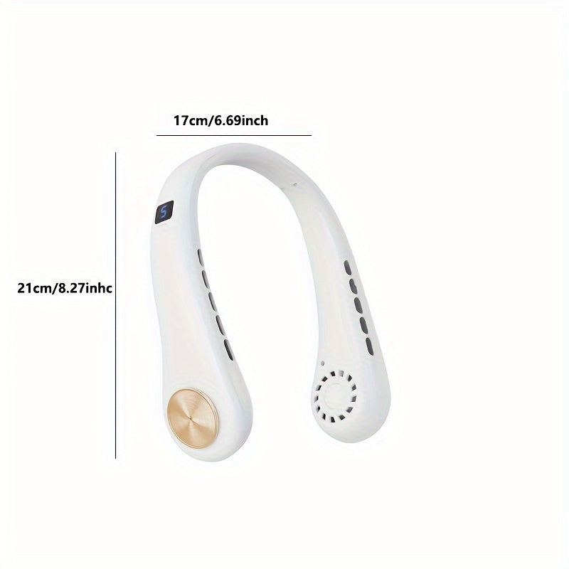 Silliq Oq va Oltin Portativ USB Qayta Zaryadlanuvchi Bo'yin Ventilyatori Raqamli Ko'rsatkich bilan - 5-tezlikda Sozlanadigan, Silikon O'lchamni Kengaytiruvchi, Tashqi Sport, Sayohat, Maktab va Quvvatni Oshirish uchun Mukammal - Portativ Ventilyator