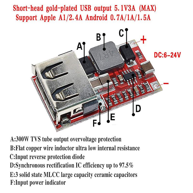 Módulo de reducción USB 6-24V a 5V 3A Convertidor Buck DC-DC para cargador de teléfono fuente de alimentación para coche