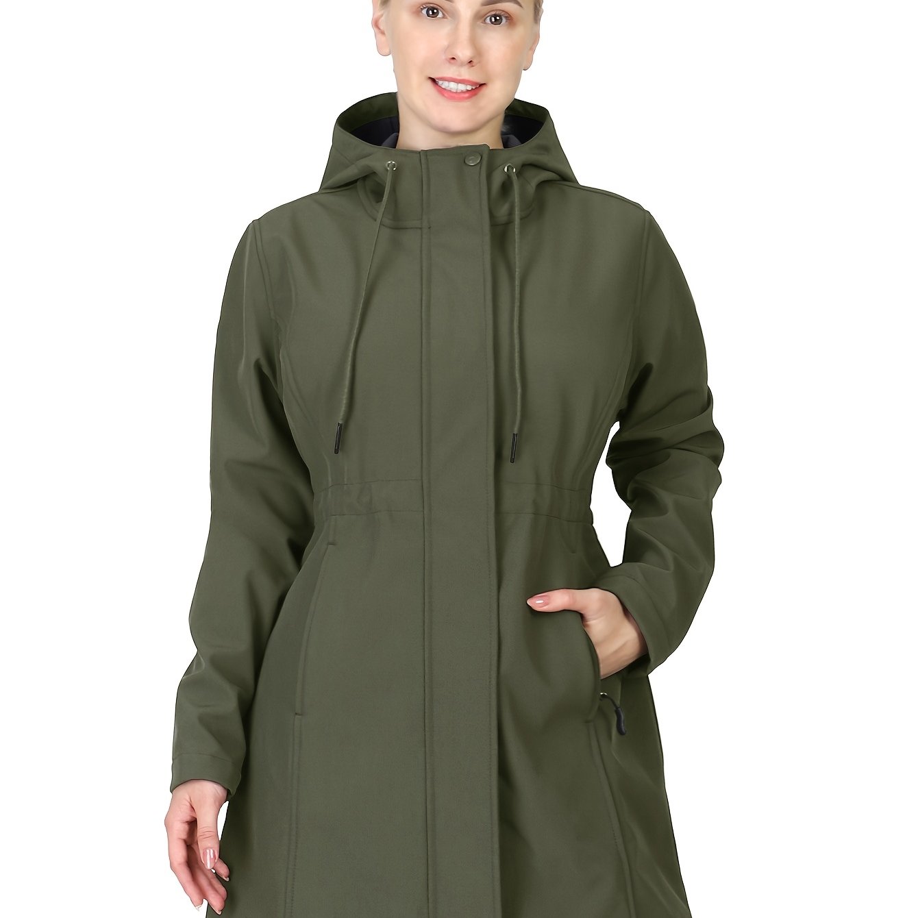 Women's Softshell Long Jacket with Hood Fleece Lined Windproof Warm Outdoor Windbreaker 33cm