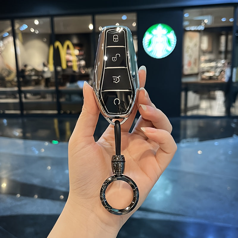 Car Key Cover TPU For EV Remote Control Durable with Woven Keychain Black