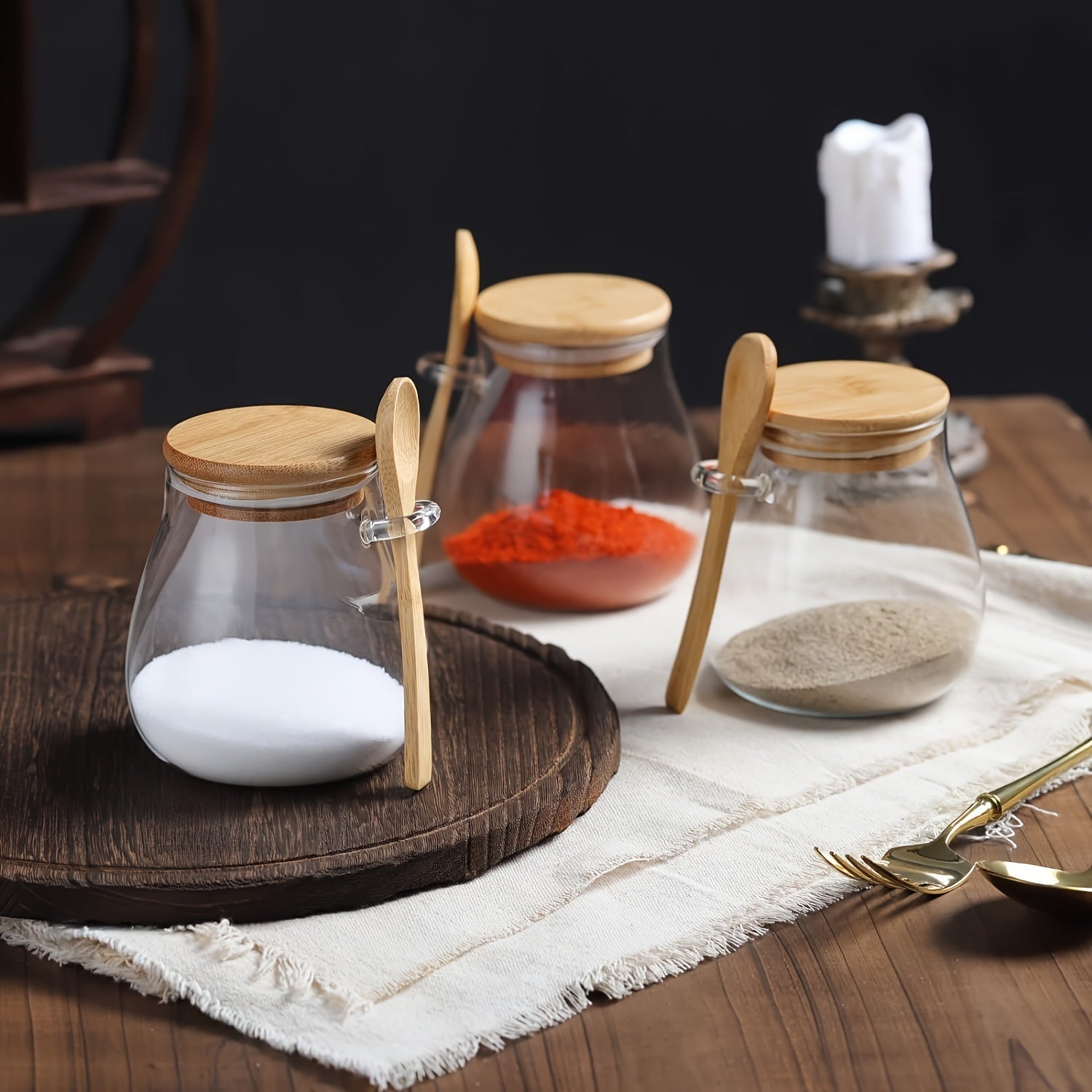 Tarro de vidrio para té con tapa de madera y cuchara, 350 ml, almacenamiento para hojas de té sueltas