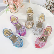 Девочки летние туфли-танцевальные на каблуке в стиле бабочка принцесса с пайетками и пряжкой