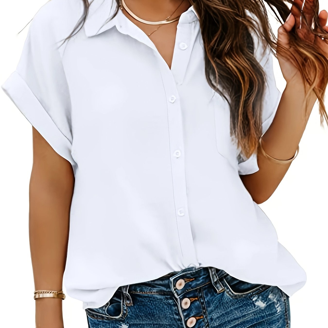 Women's Plus Size Batwing Sleeve Button-Up Shirt White Lightweight Polyester Casual Dressy