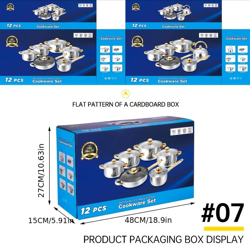 12-Donali zanglamaydigan po'latdan tayyorlangan idishlar to'plami, qozonlar, skovorodkalar, qopqog'lar, sho'rva qozoni, sous qozoni