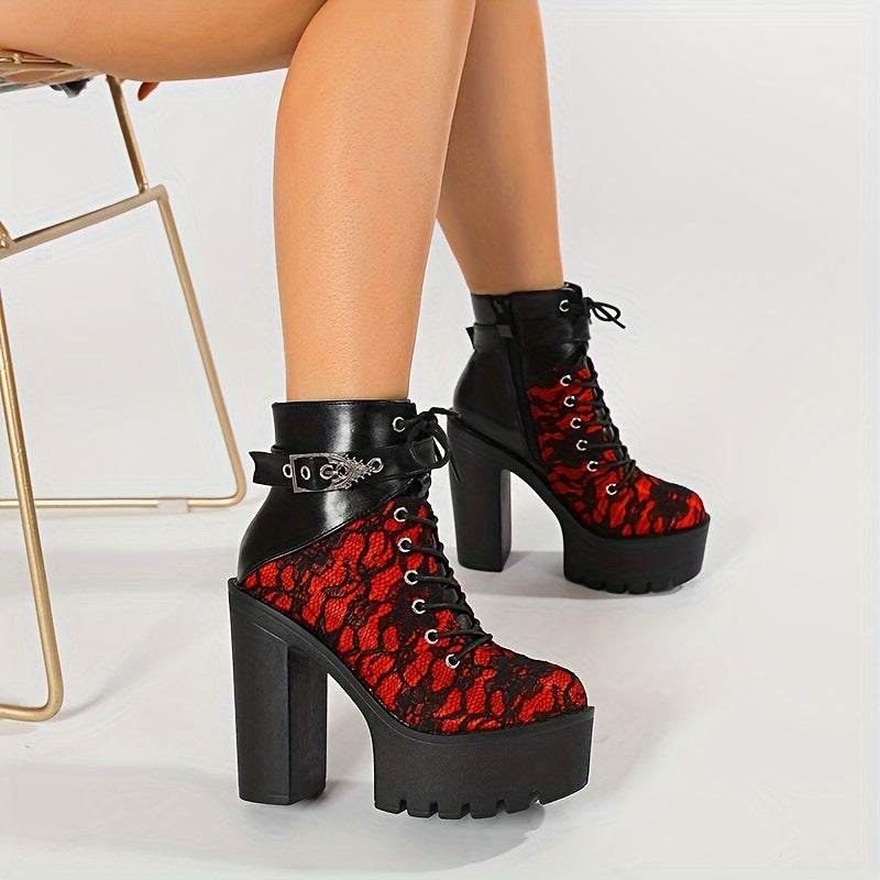 Women's Lace Red High Heel Ankle Boots with Platform Sole