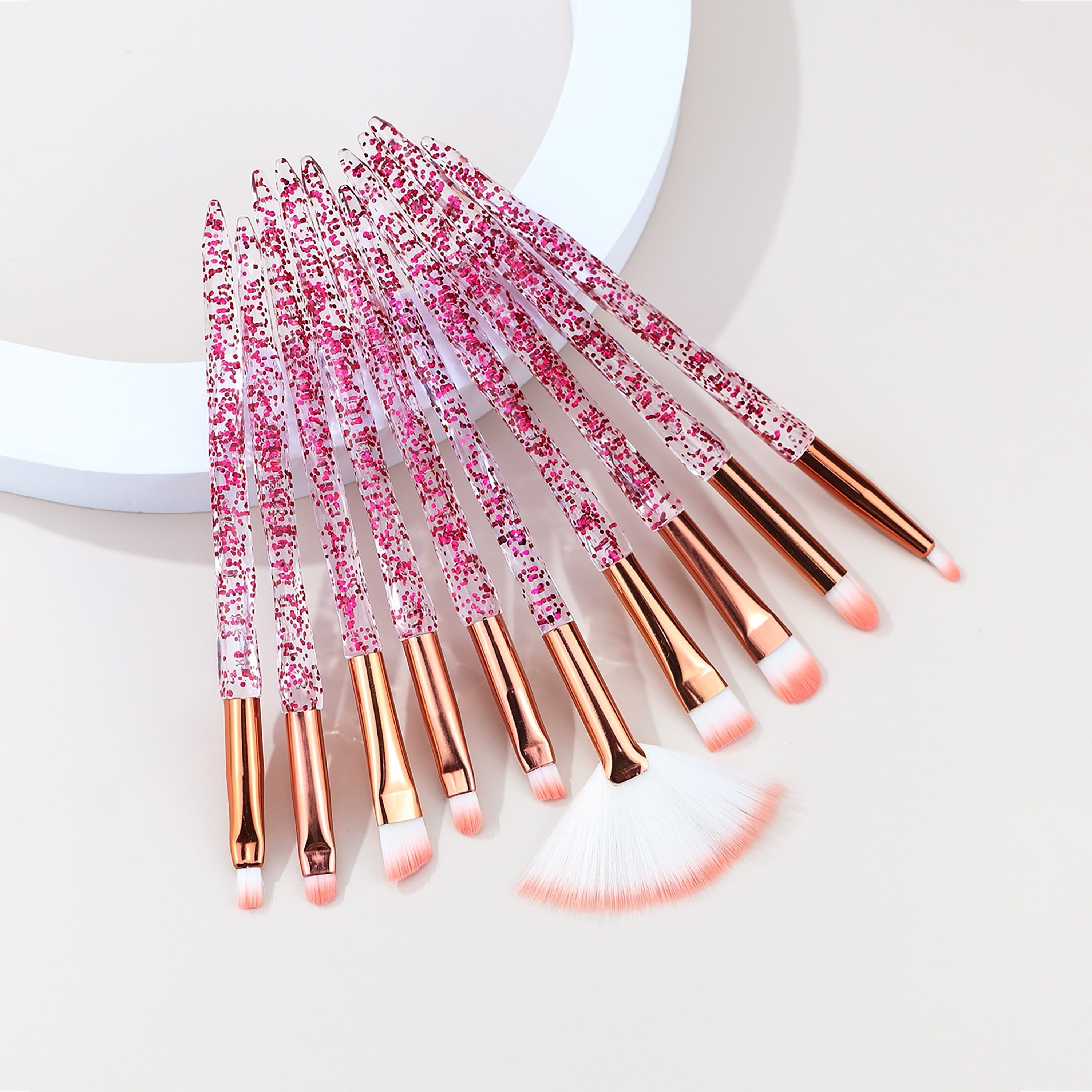10Pc Makeup Brush Set Pink Glitter Crystal Handles Soft Nylon Bristles for Face Eyeshadow