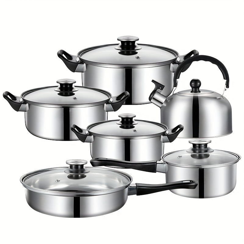 Набор посуды из нержавеющей стали из 12 предметов с антипригарным покрытием, чайник, совместим со всеми плитами