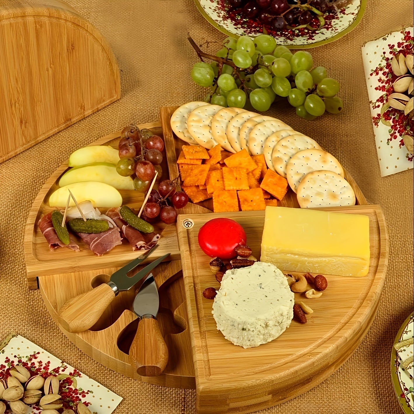 Multipurpose Cheese Board Set with Serving Knives, Storage Drawers, for Snacks and Charcuterie