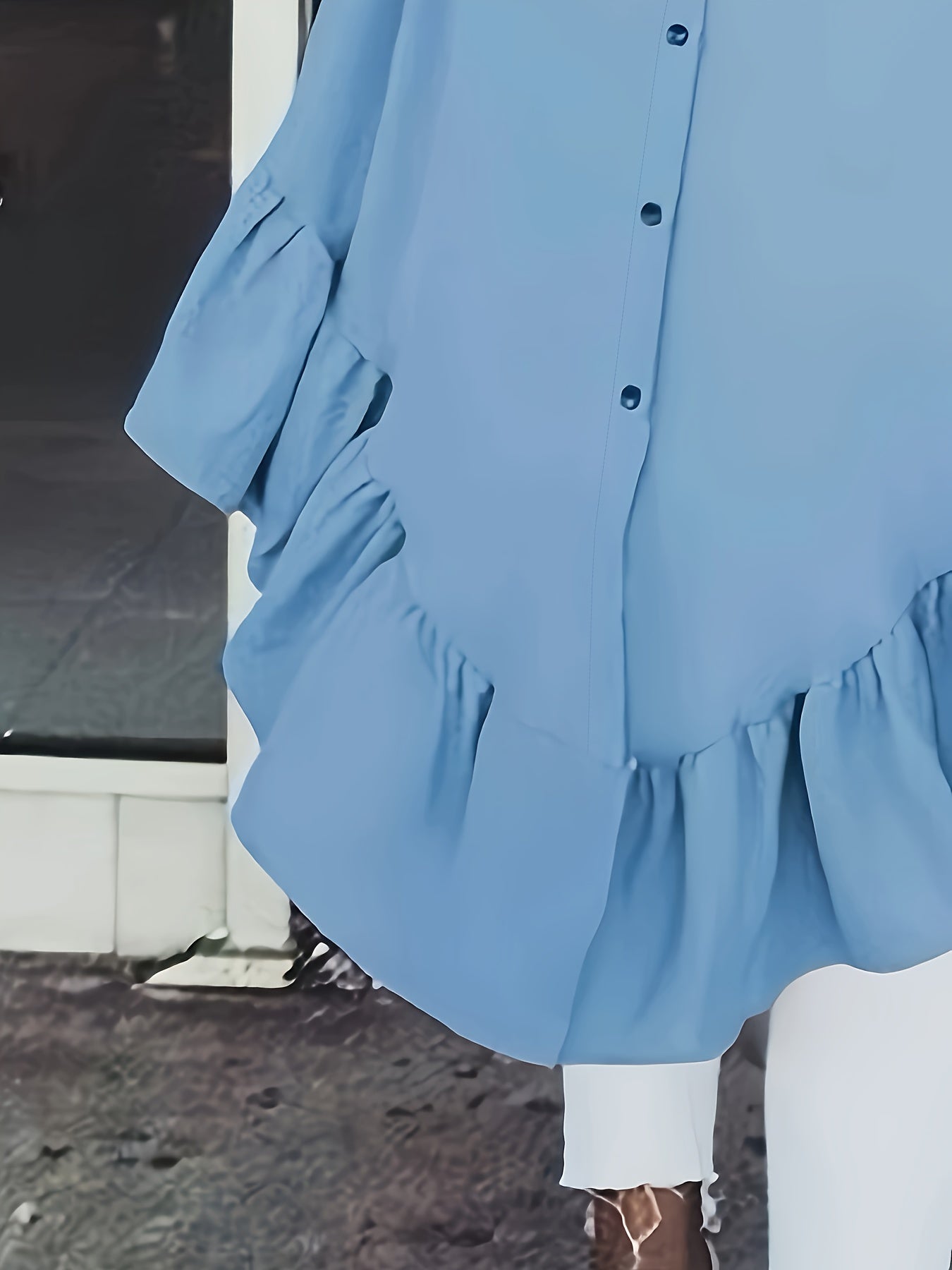 Блузка женская повседневная большого размера с голубым рюшевым краем и длинными рукавами, всесезонная