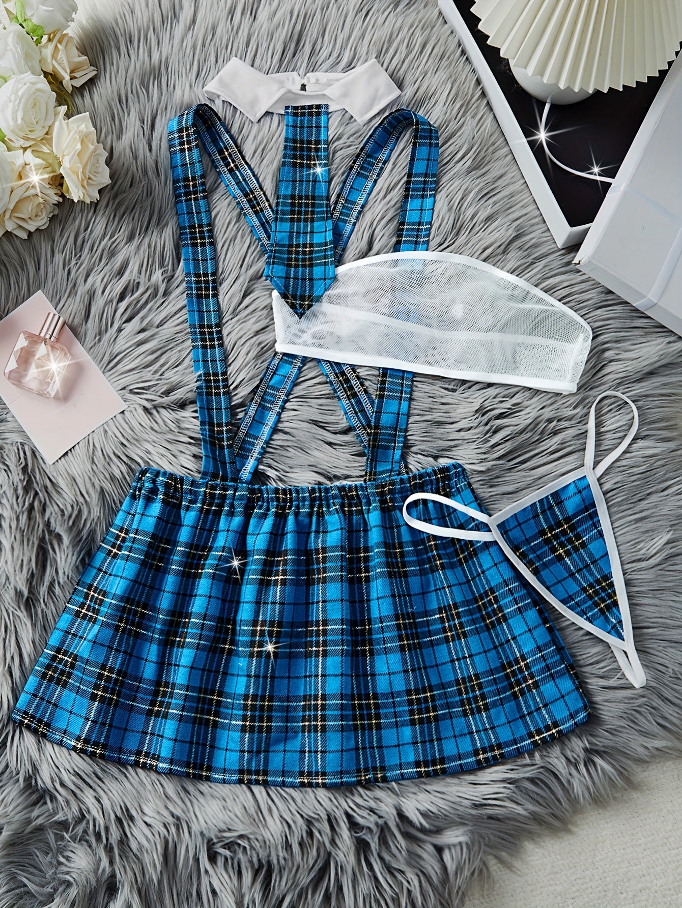 Women's Color Block Plaid Lingerie Set with Strapless Bra Suspender Skirt and Thong