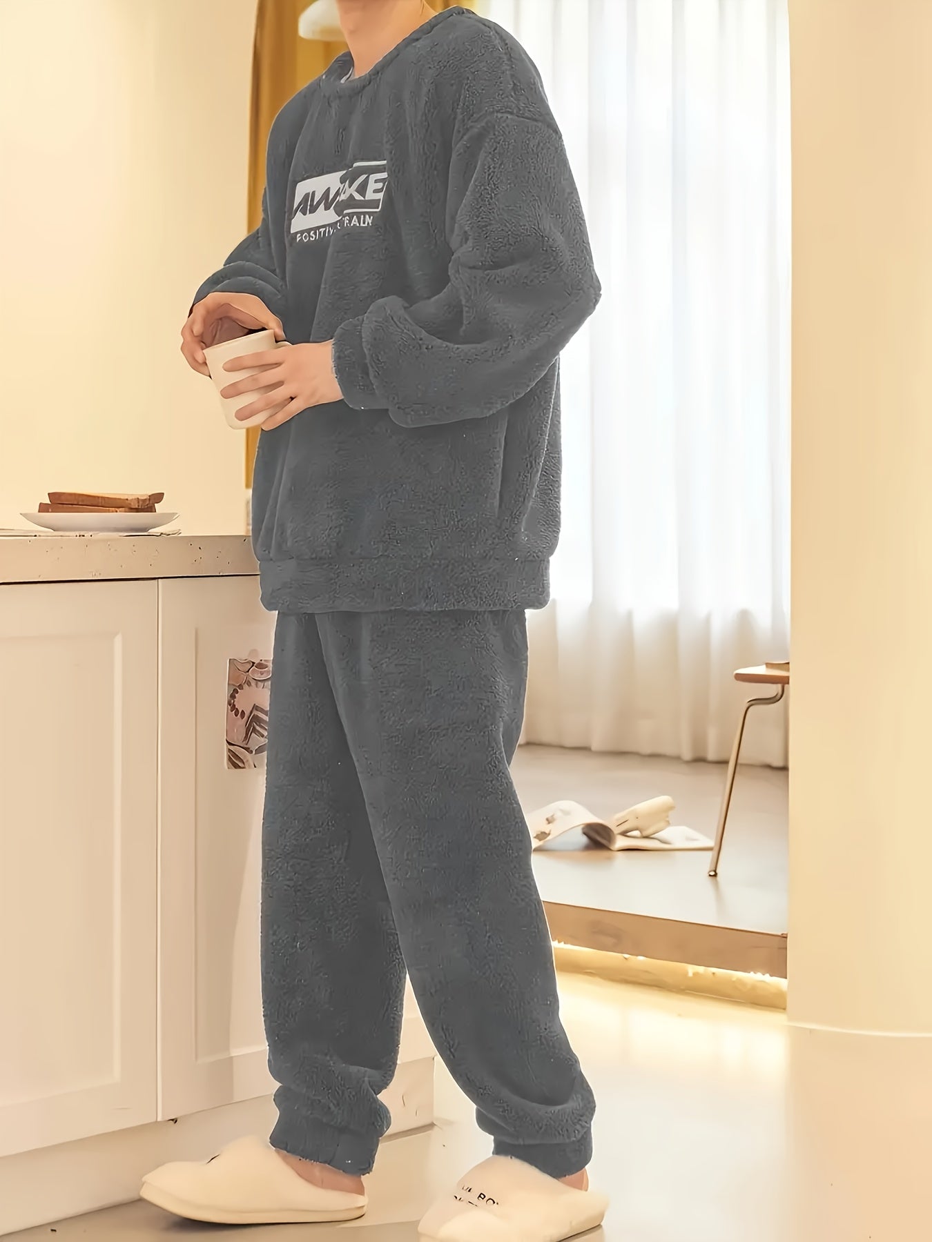 Men's Casual Pajama Set with Flannel Hoodie Top and Loose Pants for Fall Winter