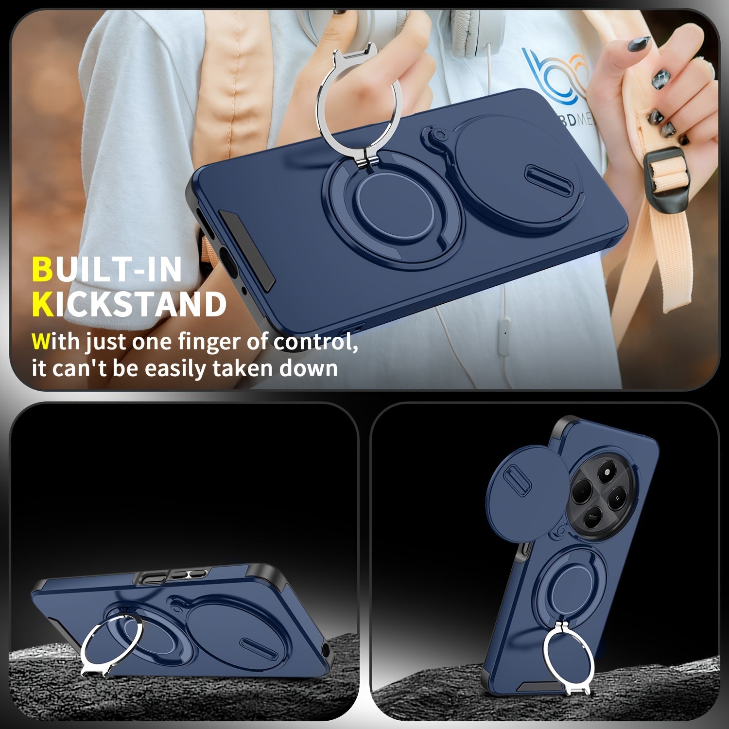 Sliding Camera Protective Phone Case for Redmi Xiaomi Poco with Shockproof Bracket and Stand
