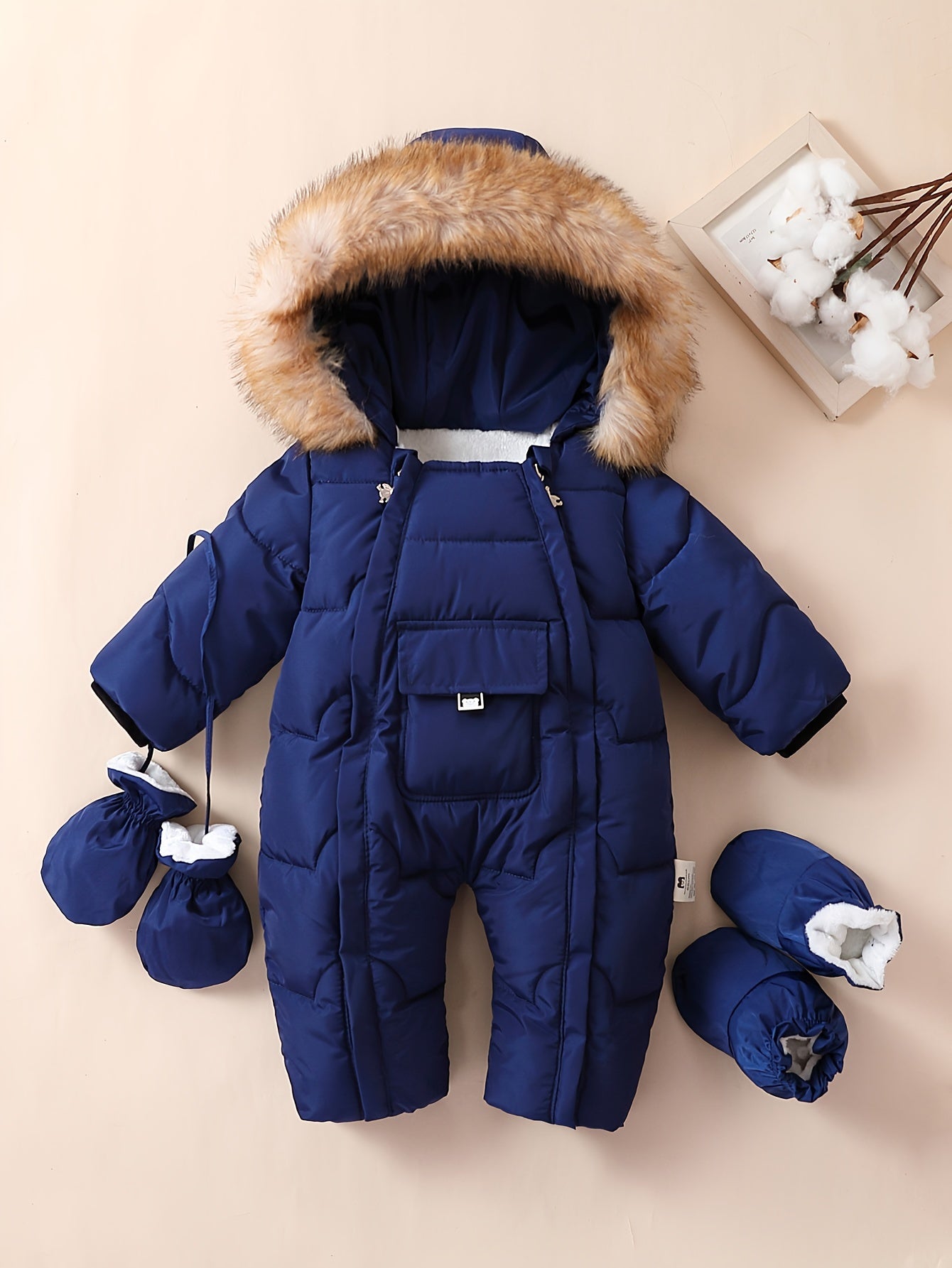 Baby Boys Winter Jumpsuit with Hood Faux Fur Trim Fleece Lining Mittens and Booties