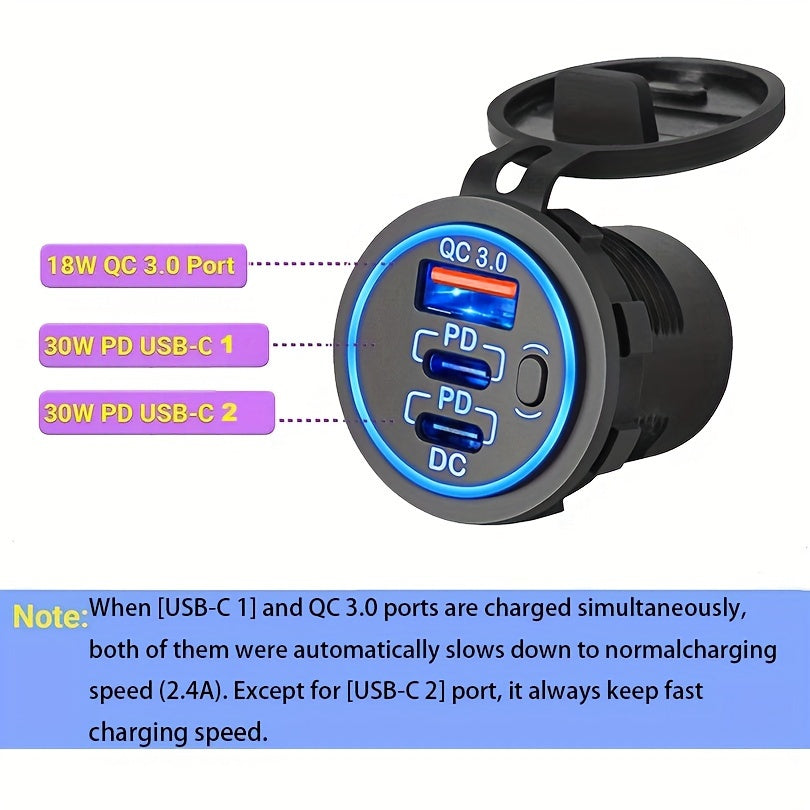 Avtomobil USB Tez Zaryadlovchi Uch Portli Type-C PD QC 3.0 Transportlar Qayiqlar uchun