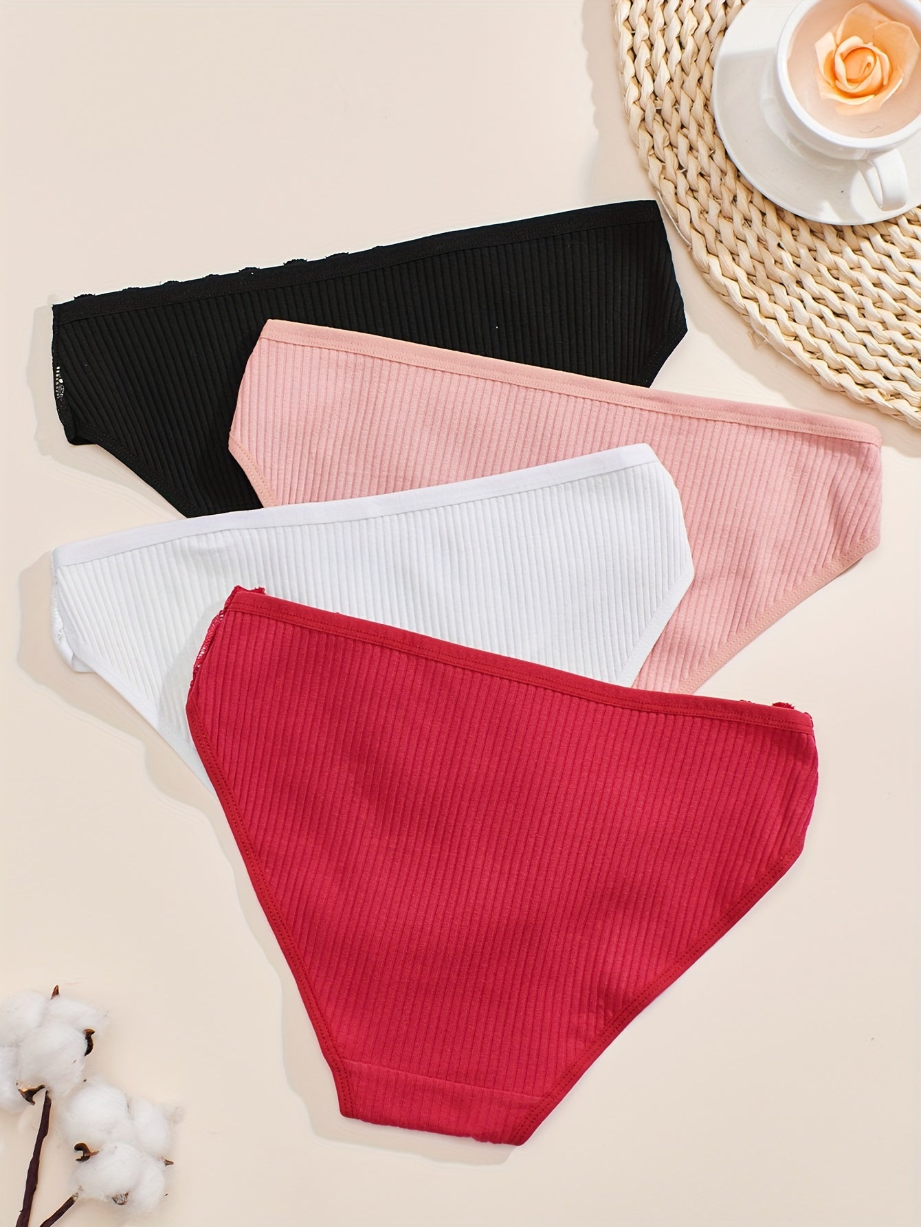 Conjunto de braguitas de algodón para mujer, 4 piezas, de tiro medio, con encaje, sólido, cómodo y elástico
