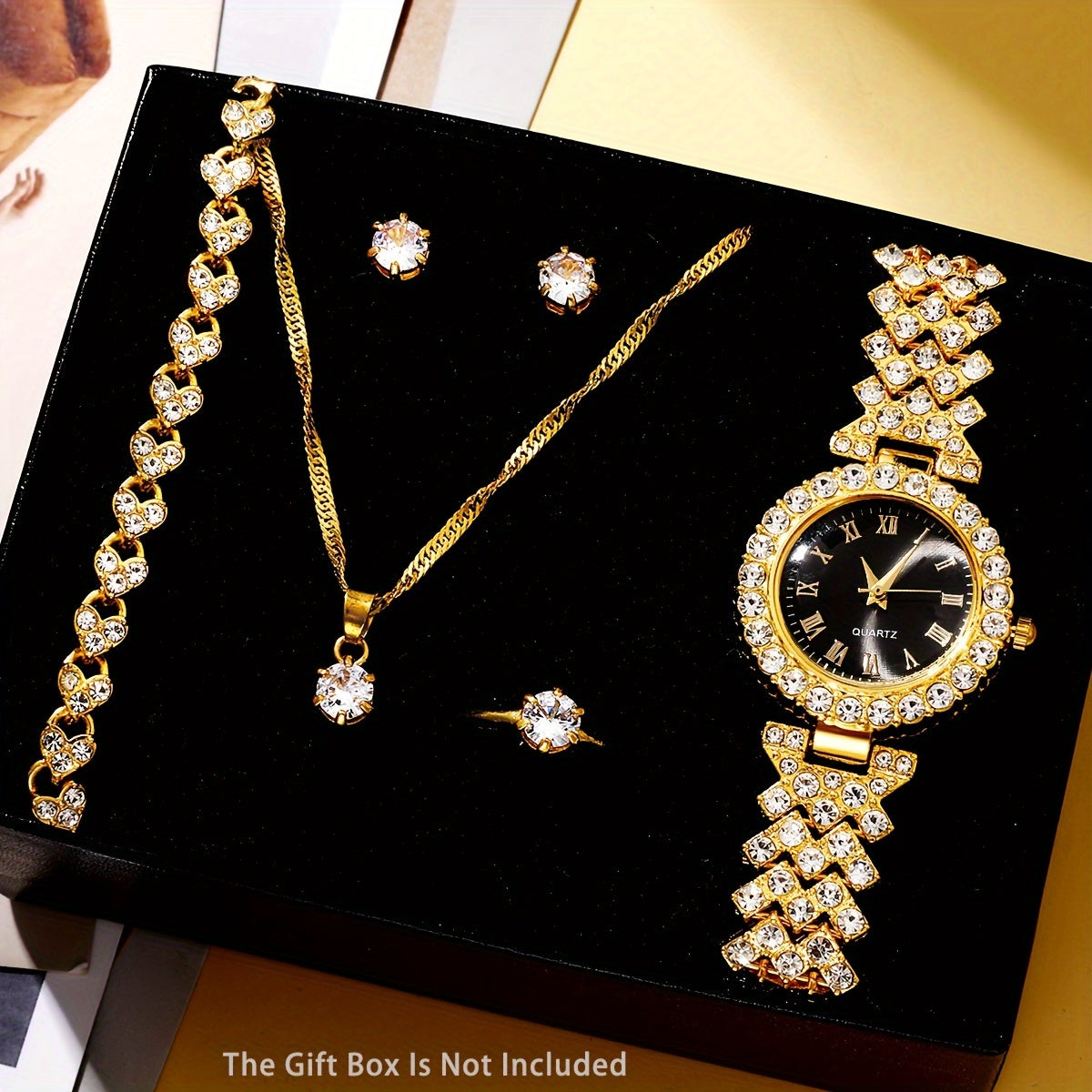 Women’s Luxury Rhinestone Quartz Watch Set with Jewelry Gift Box for Mom or Her