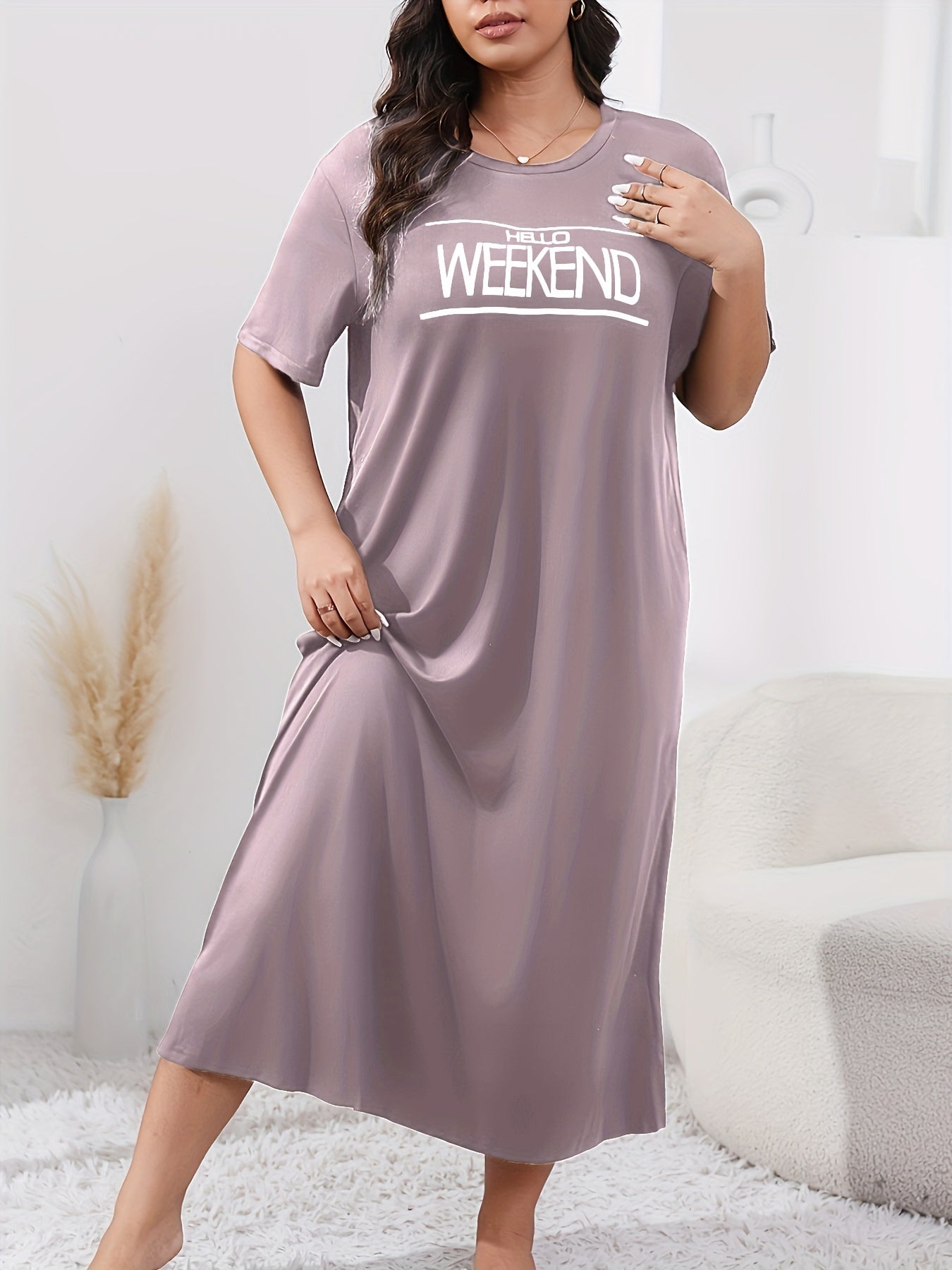 Women's Plus Size Lounge Dress Slogan Print Short Sleeve Sleepwear