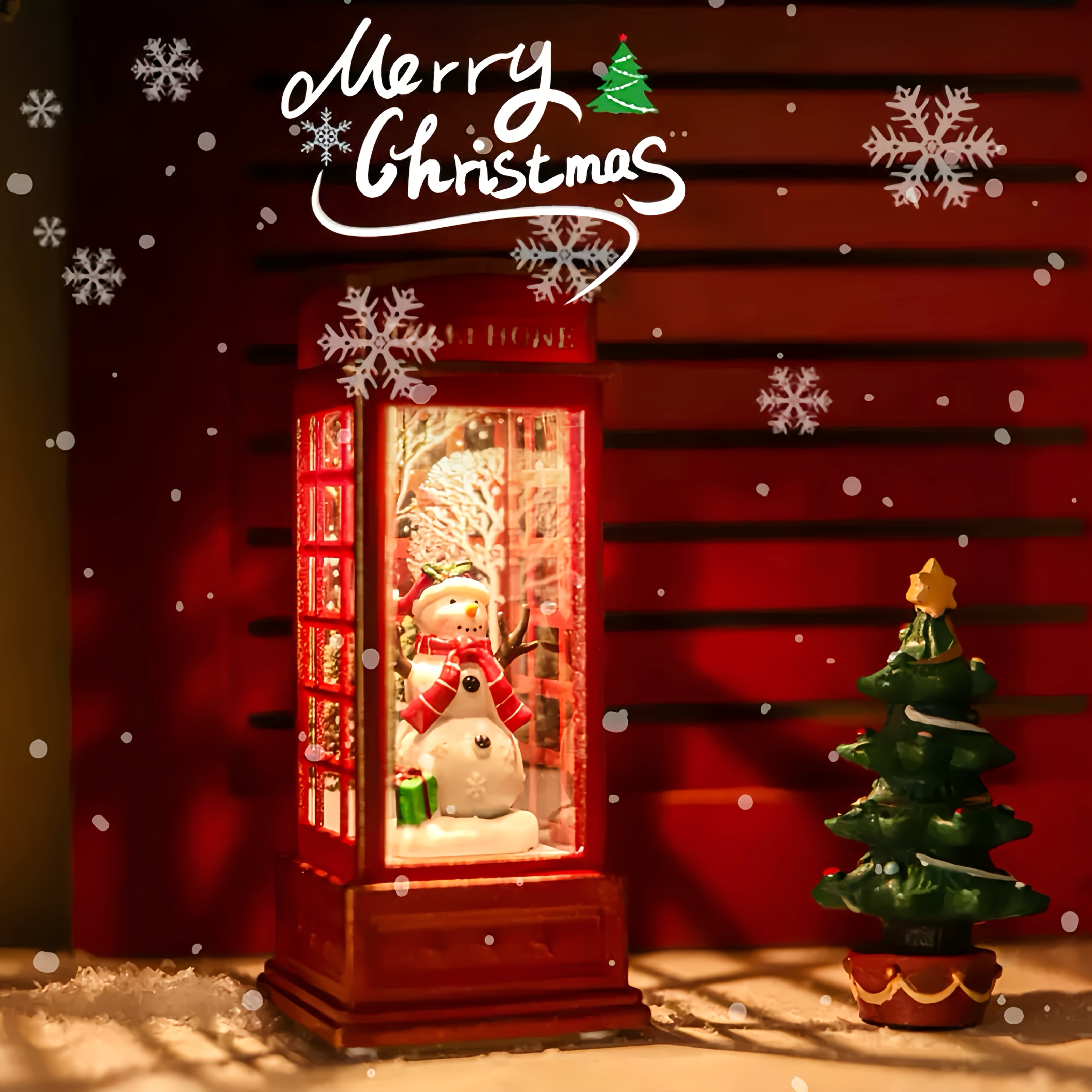 Festive Christmas Phone Booth Decoration with Santa Snowman Tree Scenes Battery-Operated Illuminated Red Cabinet