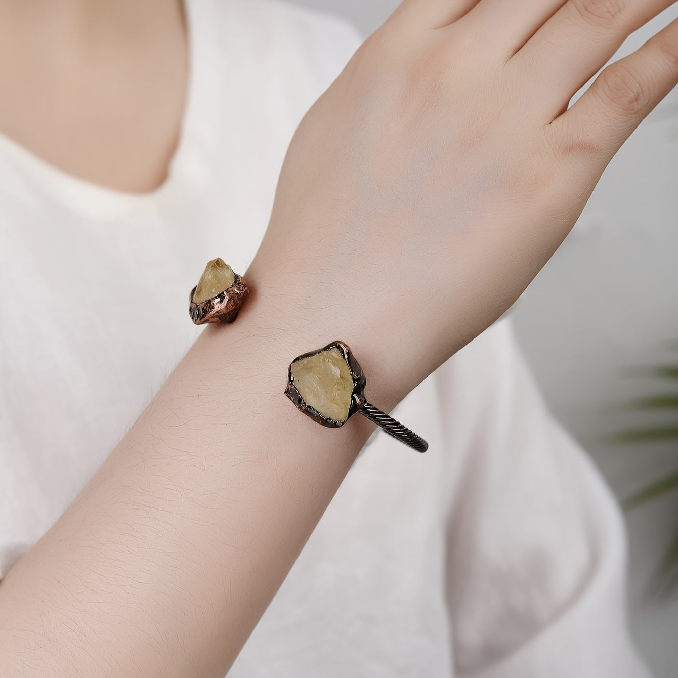 Vintage Bohemian Copper Bracelet with Amethyst Citrine and White Crystals for Women