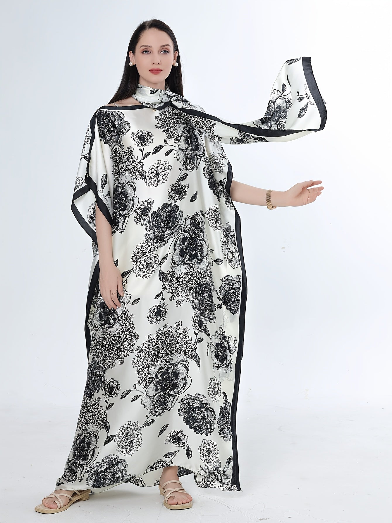 Vestido maxi floral para mujer con bufanda de poliéster transpirable y mangas batwing